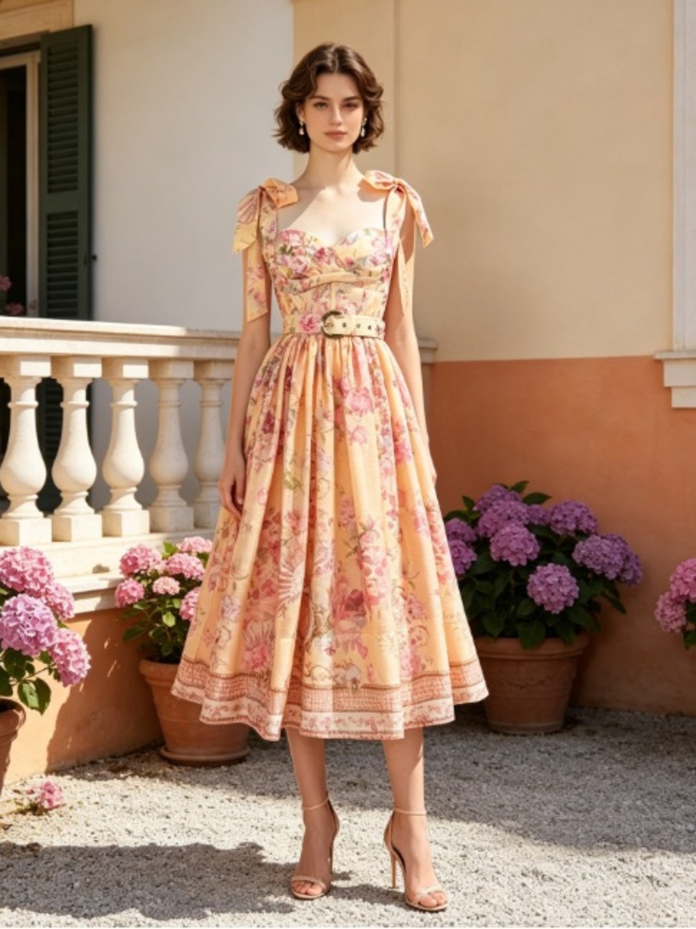 Floral Tie-Shoulder Midi Dress in Peach